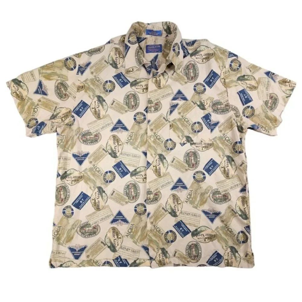 Vintage Pendleton Aloha Shirt Mens Size Large Beige All Over Print Luggage Tags
